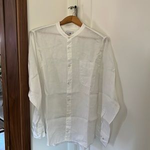 NN07 Eddie Grandad-Collar Linen Shirt (White, XL)